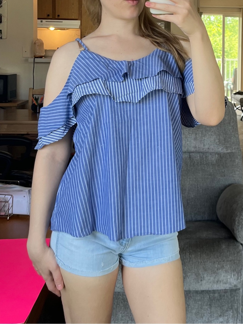 A new day blue and white tank cold shoulder size small
